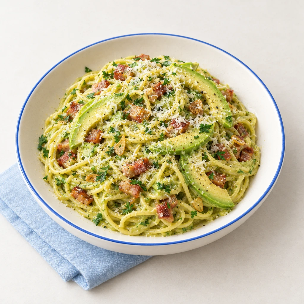 Spaghetti in cremiger Avocadosauce mit knuspriger Pancetta, Petersilie, Avocadostreifen und geriebenem Parmesan.