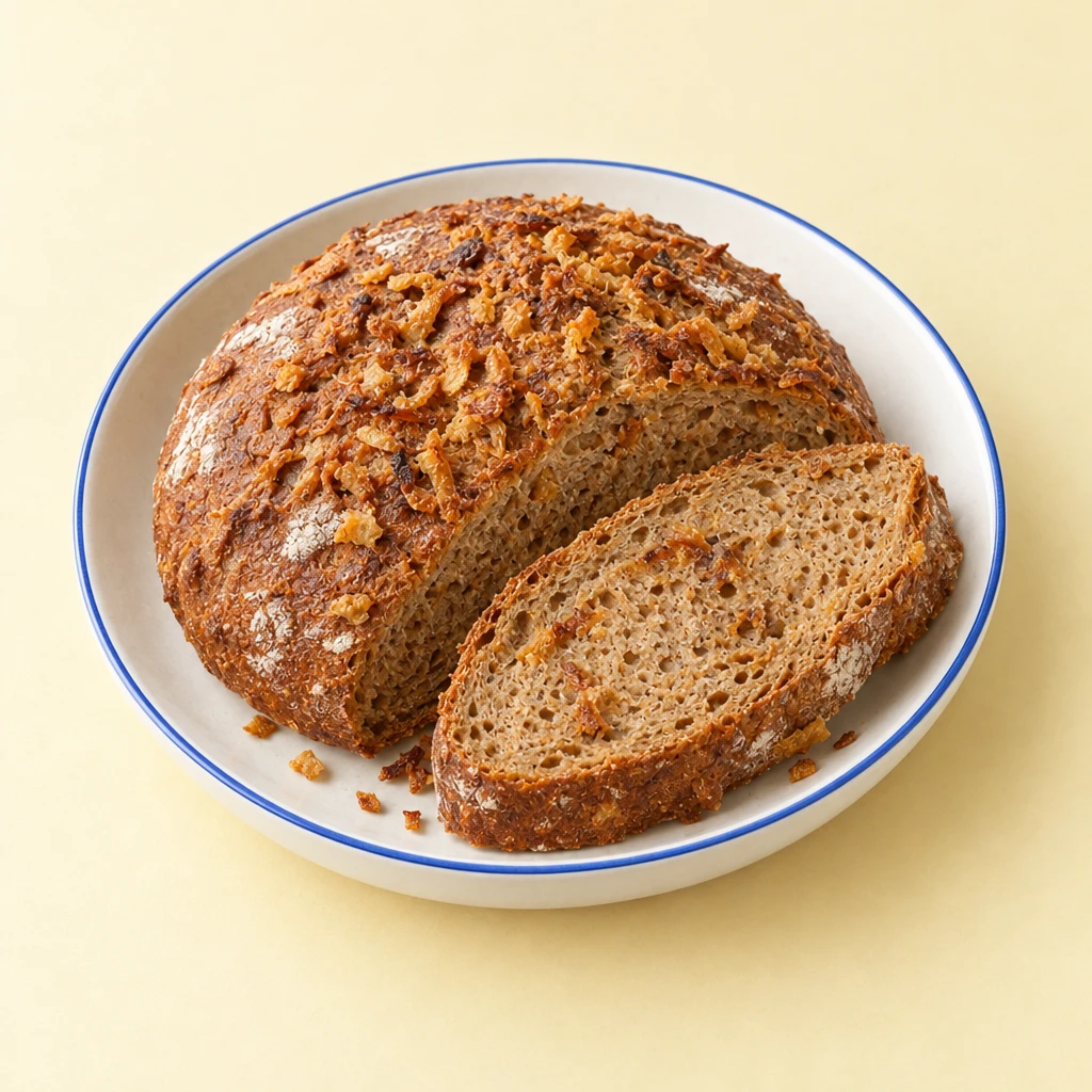 Round beer loaves with golden-brown crusts, one cut open to reveal fried onions in the crumb.