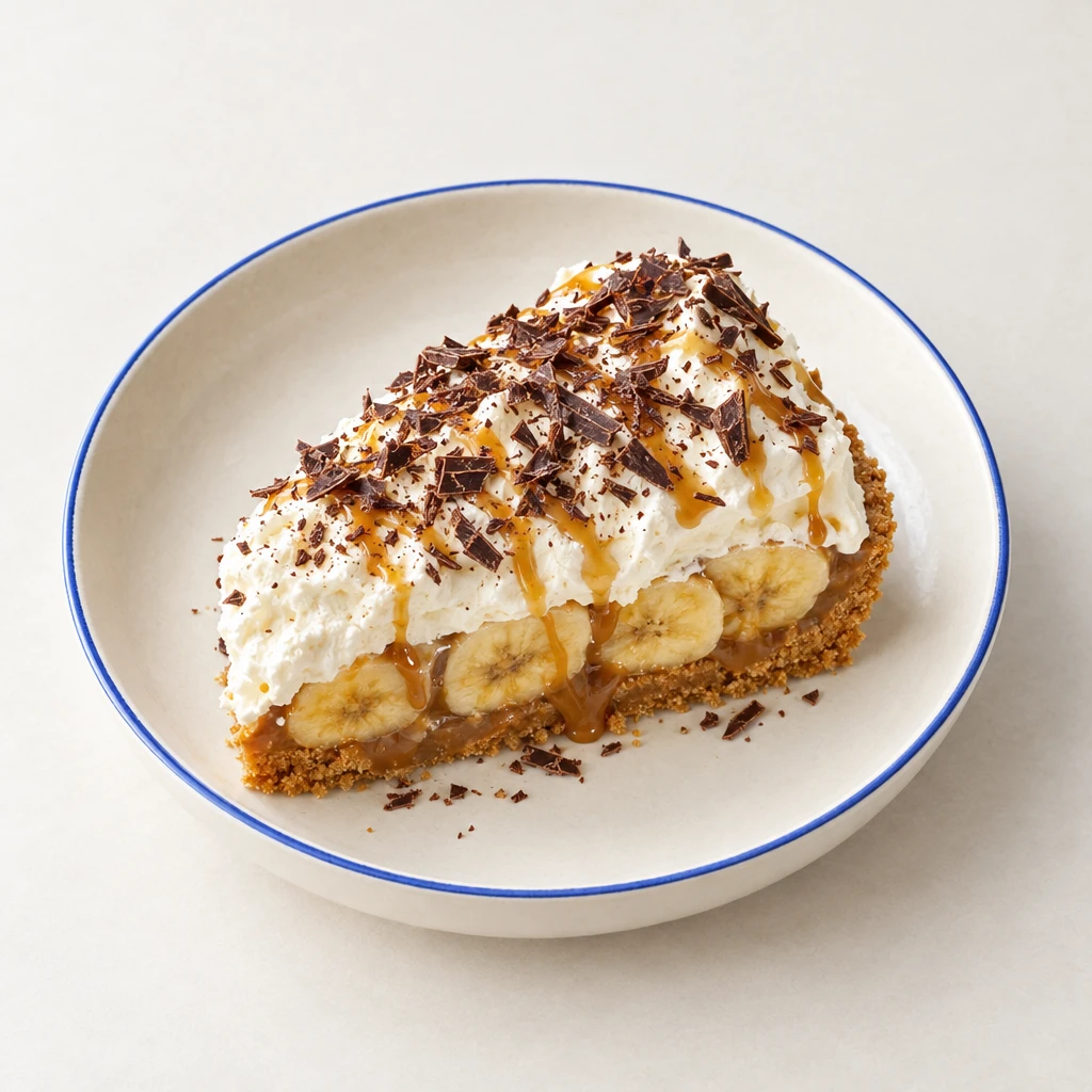A slice of banoffee pie with a biscuit base, toffee, bananas and a cream topping, finished with maple syrup and dark chocolate shavings.