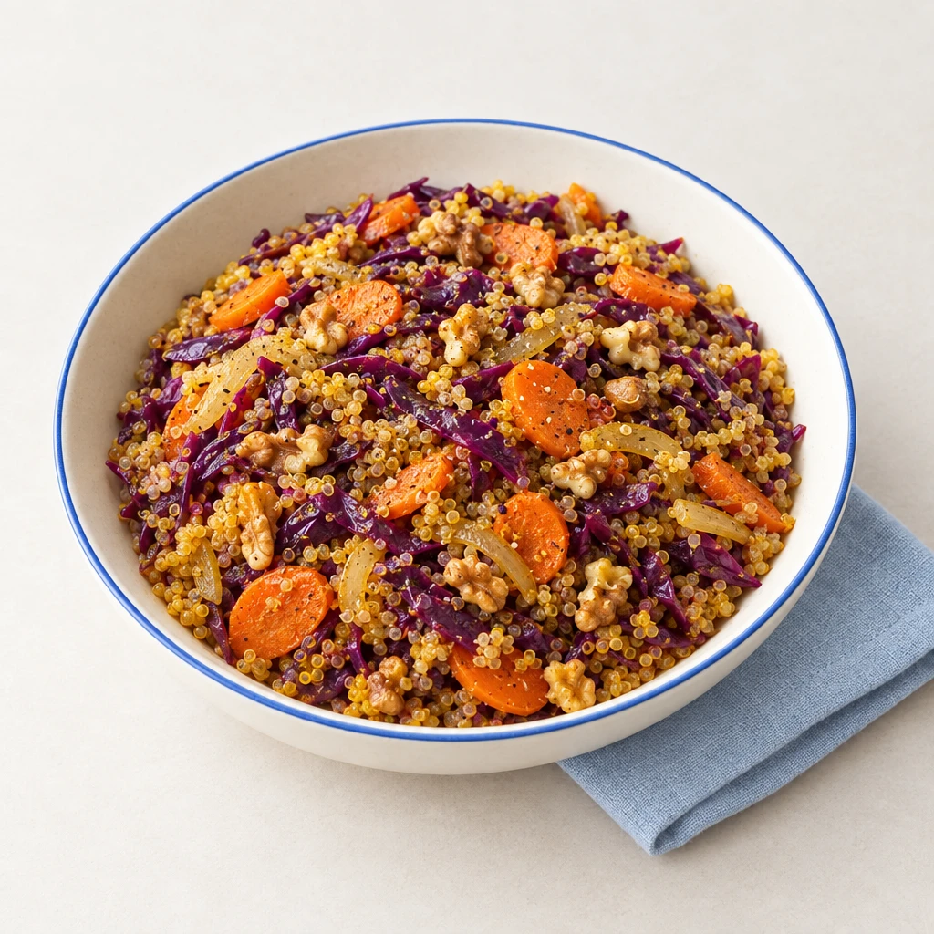 Quinoa with red cabbage, carrot slices and roughly chopped walnuts in a shallow bowl.