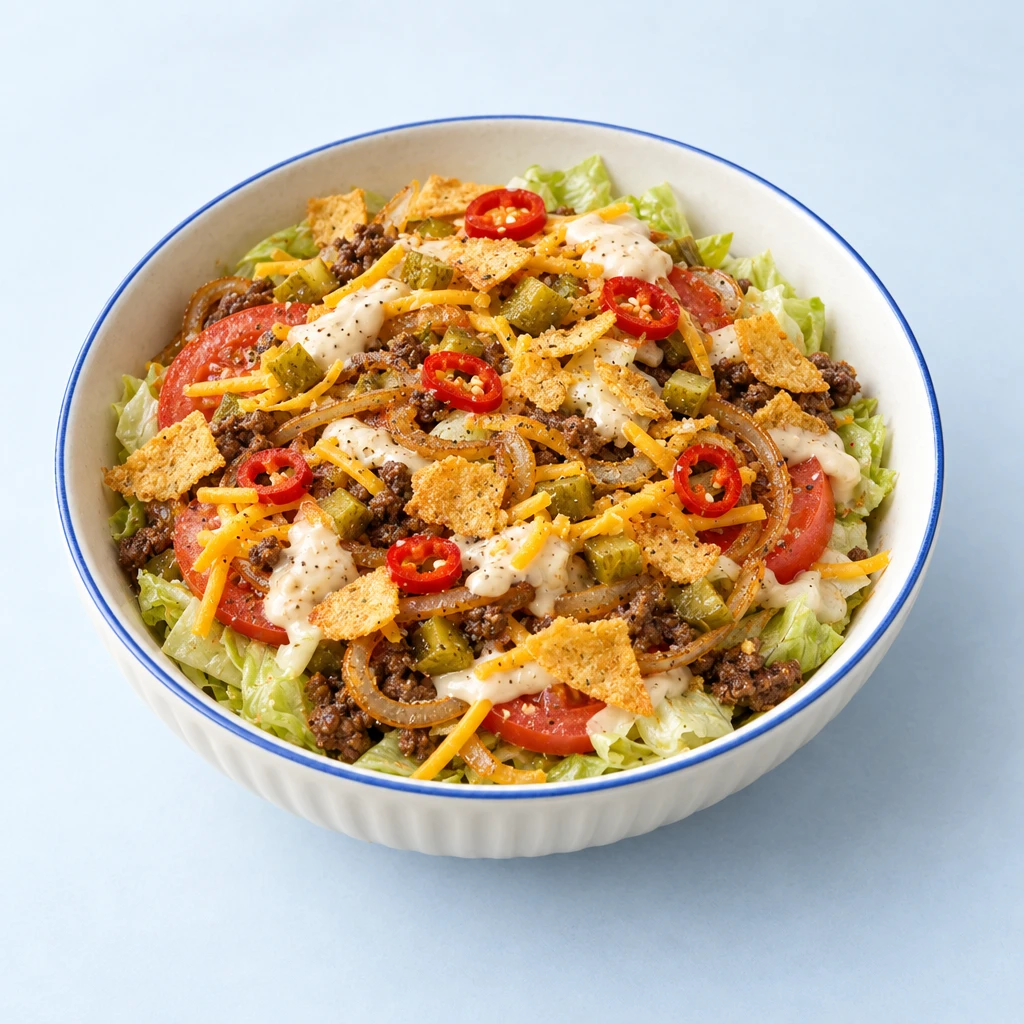 Burger-Salat im Glas mit Rinderhack, Zwiebeln, Cheddar, Gemüse, Brotchips und cremigem Dressing.
