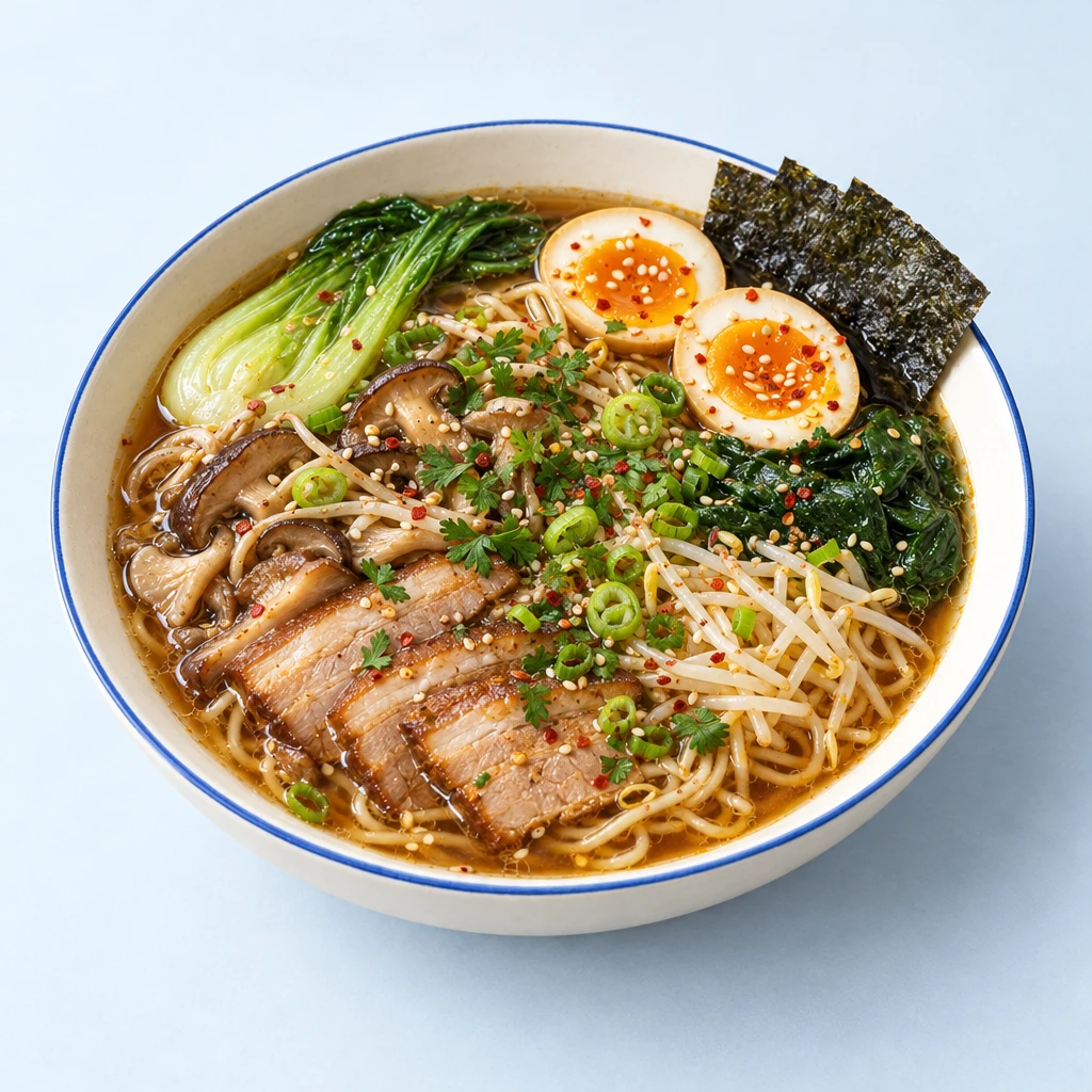 Shoyu-Ramen mit Schweinebauch, Pilzen, Pak Choi, weichem Ei und Nori in einer Schüssel.