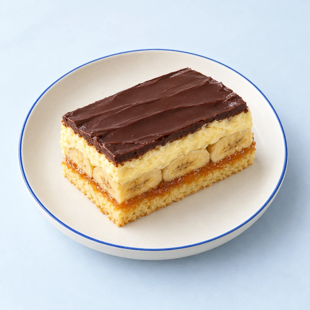 Banana cream slices with a sponge base, apricot jam, bananas, vanilla cream and dark chocolate glaze on a plate.