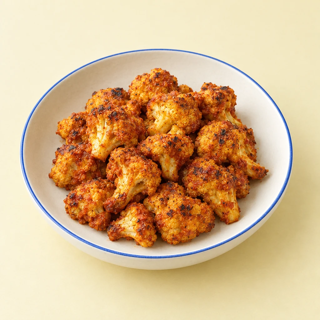 Barbecued cauliflower wings with a golden-orange, crisp browned coating on a plate.