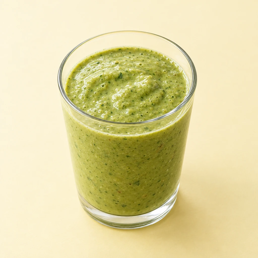 Creamy green avocado smoothie with banana, dates and spinach in a glass.