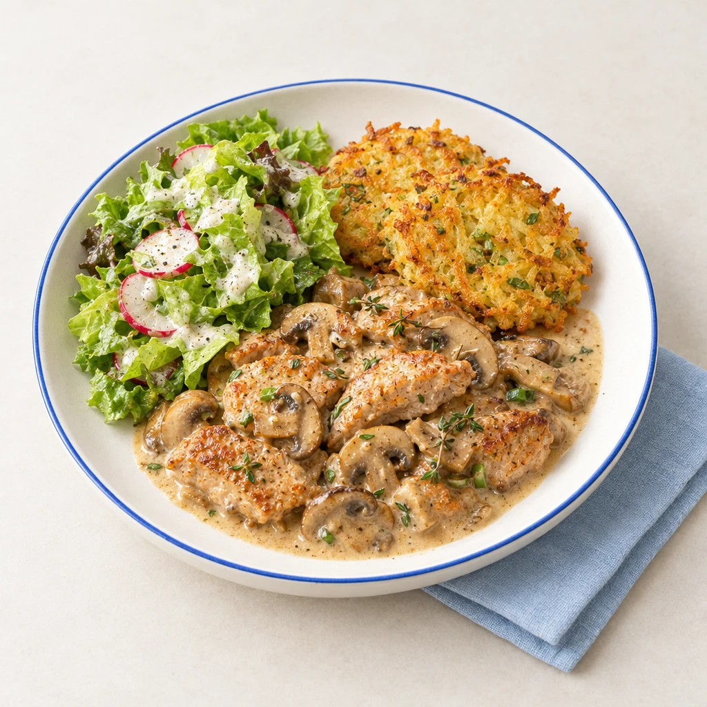 Schweineschnitzel in cremiger Pilzsauce mit Röstitalern und Blattsalat mit Radieschen und Apfel-Meerrettich-Dressing.