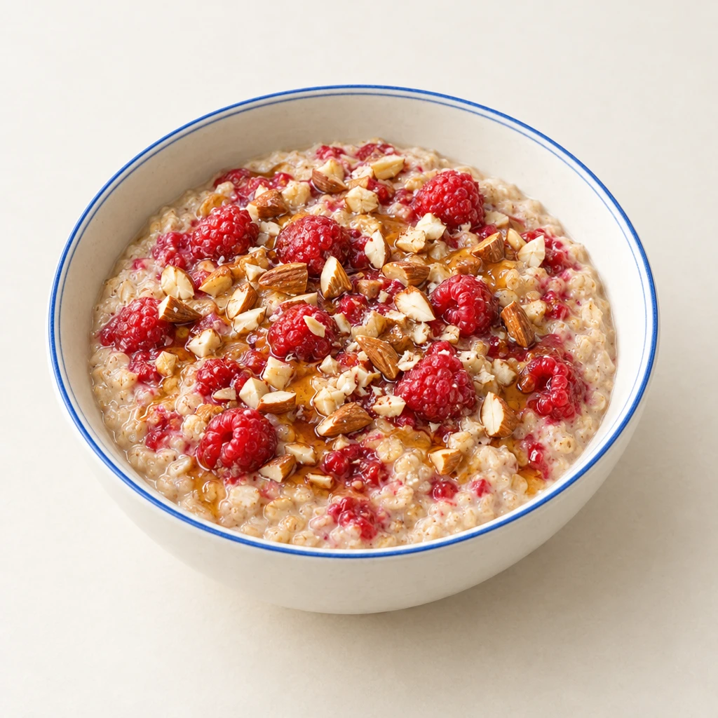 Creamy raspberry porridge with chopped almonds folded through and a drizzle of maple syrup.