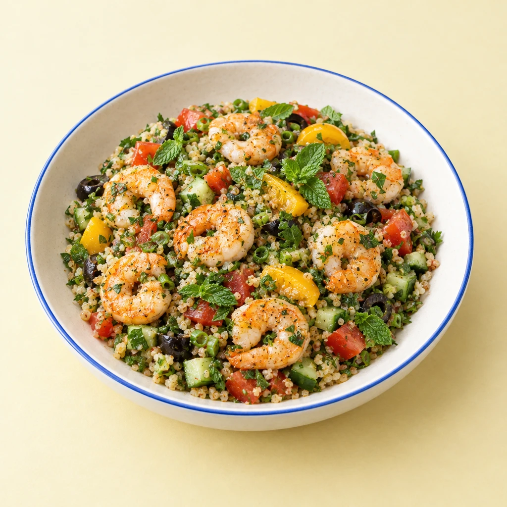 Tabbouleh mit Tomaten, Gurke, Kräutern und schwarzen Oliven, garniert mit gebratenen Garnelen, gelben Tomatenwürfeln und Minze.