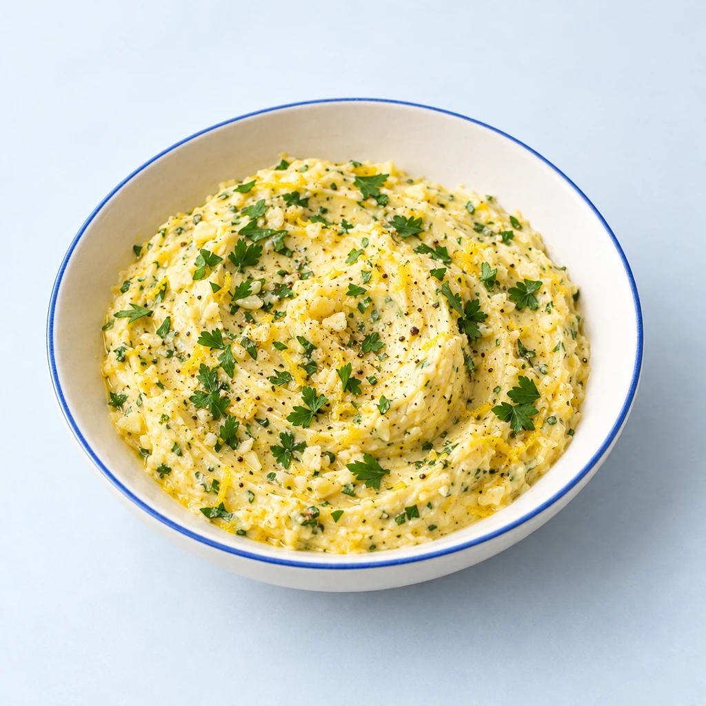 Garlic butter with finely chopped garlic and lemon zest, garnished with parsley.
