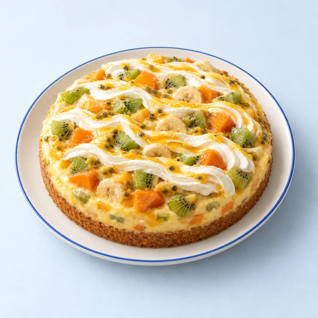Kiwi and banana custard cake on a plate, cut to reveal the sponge base and fruity filling beneath a rippled cream cheese topping.