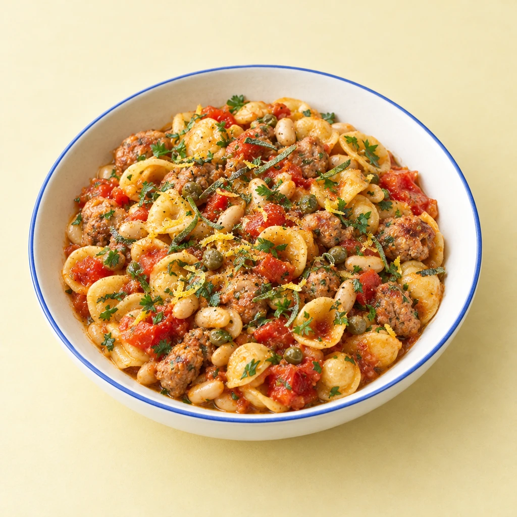 Orecchiette mit Salsicciascheiben, weißen Bohnen und Kapern in Tomatensauce mit Kräutern.