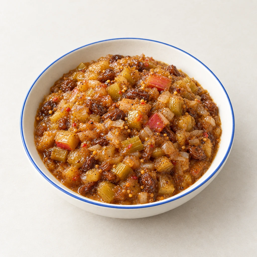Thick rhubarb chutney with sultanas and mustard seeds in a shallow bowl.