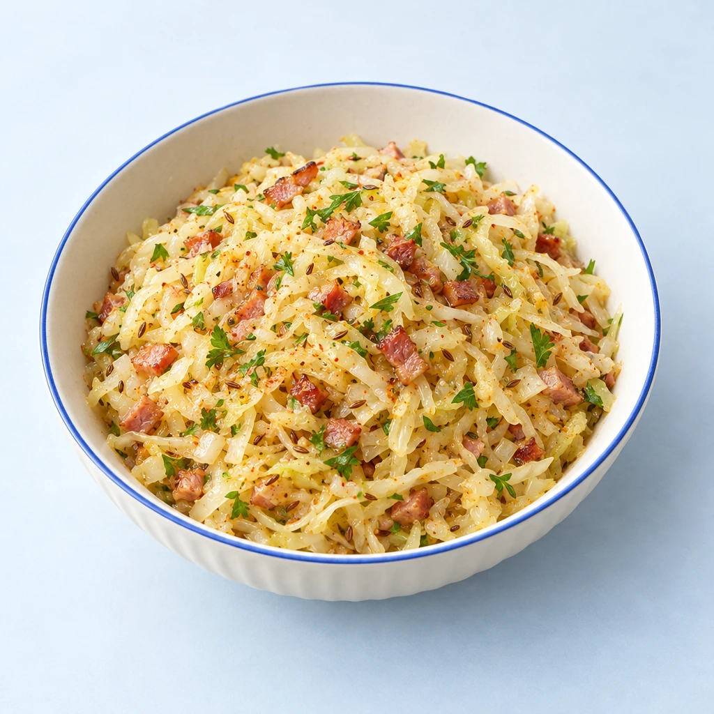 Finely shredded white cabbage salad with small bacon pieces, caraway seeds and parsley in a shallow bowl.