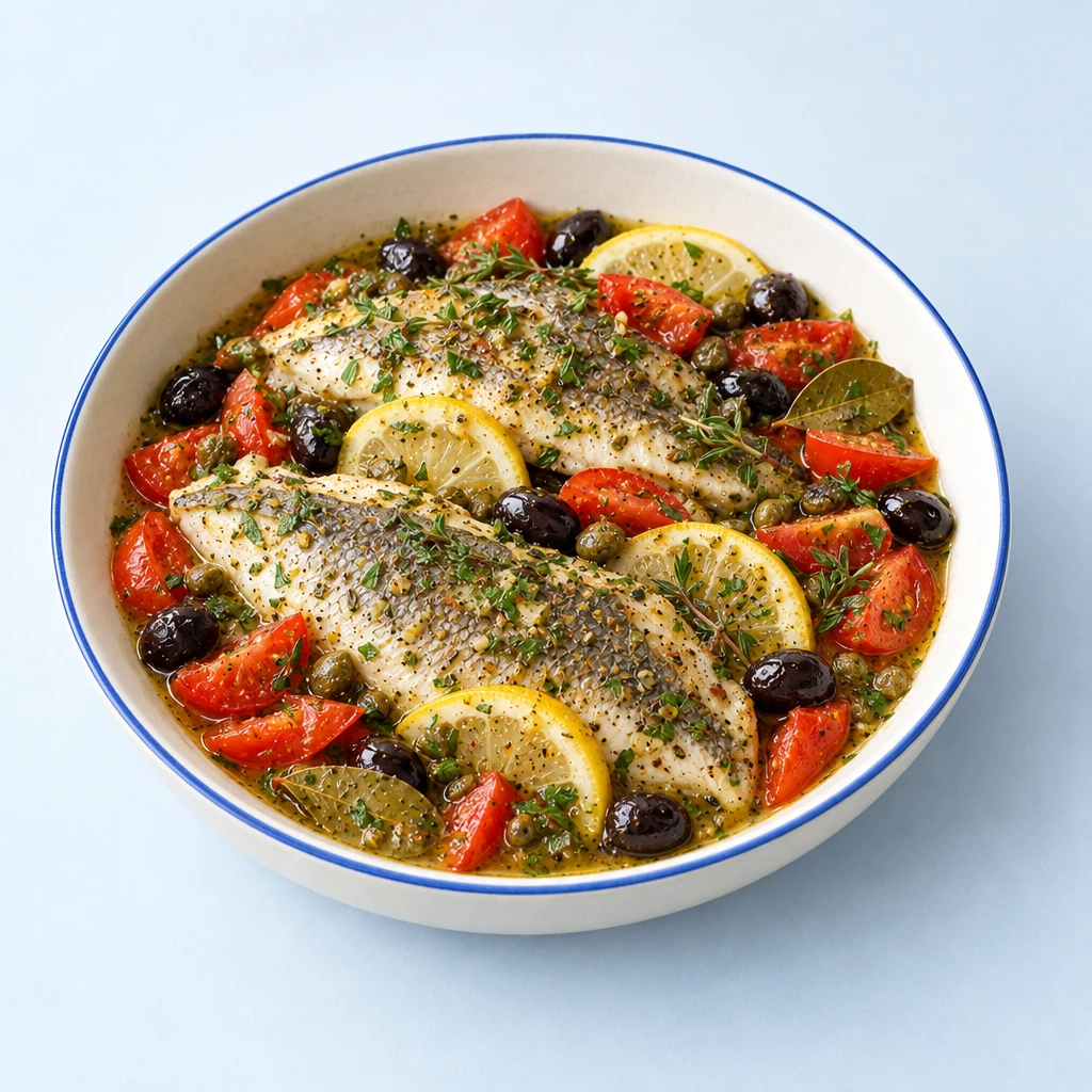 Gebackene Doradenfilets mit Tomaten, schwarzen Oliven, Kapern, Zitronenscheiben und Kräutern in einer flachen Ofenform.