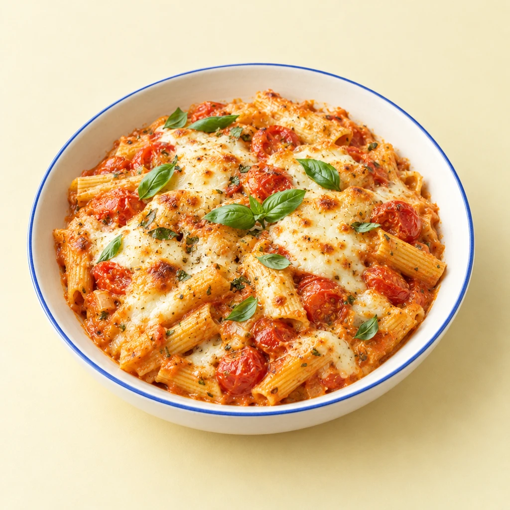 Nudelauflauf mit Kirschtomaten in cremiger Tomatensoße, überbackenem Mozzarella und frischem Basilikum.