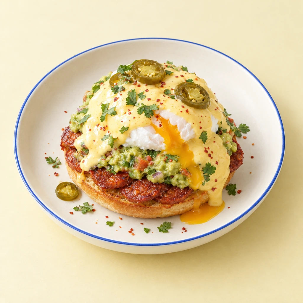 Getoastete Burgerbrötchenhälfte mit Chorizo, Guacamole, pochiertem Ei, Sauce hollandaise und eingelegten Jalapeños.