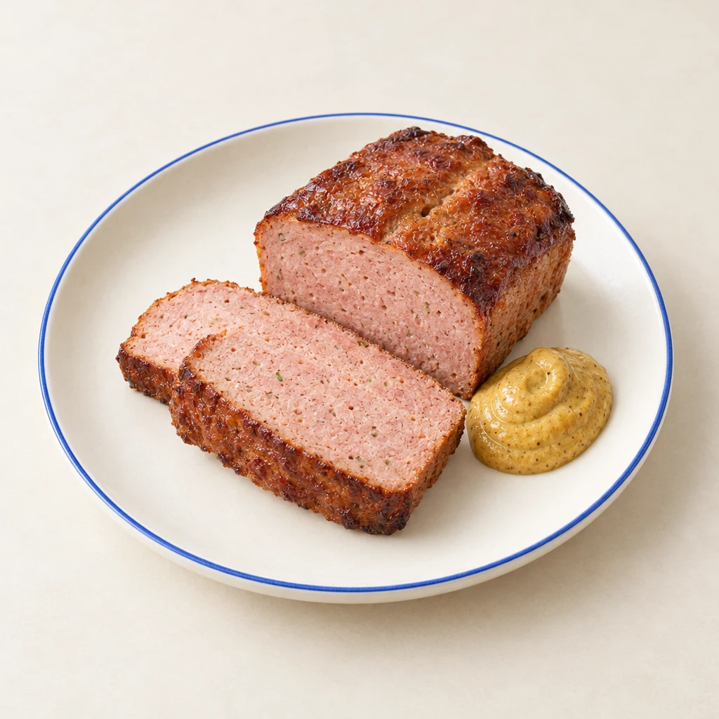 Homemade Leberkäse with a browned crust and a finely textured pink cut surface on a plate.