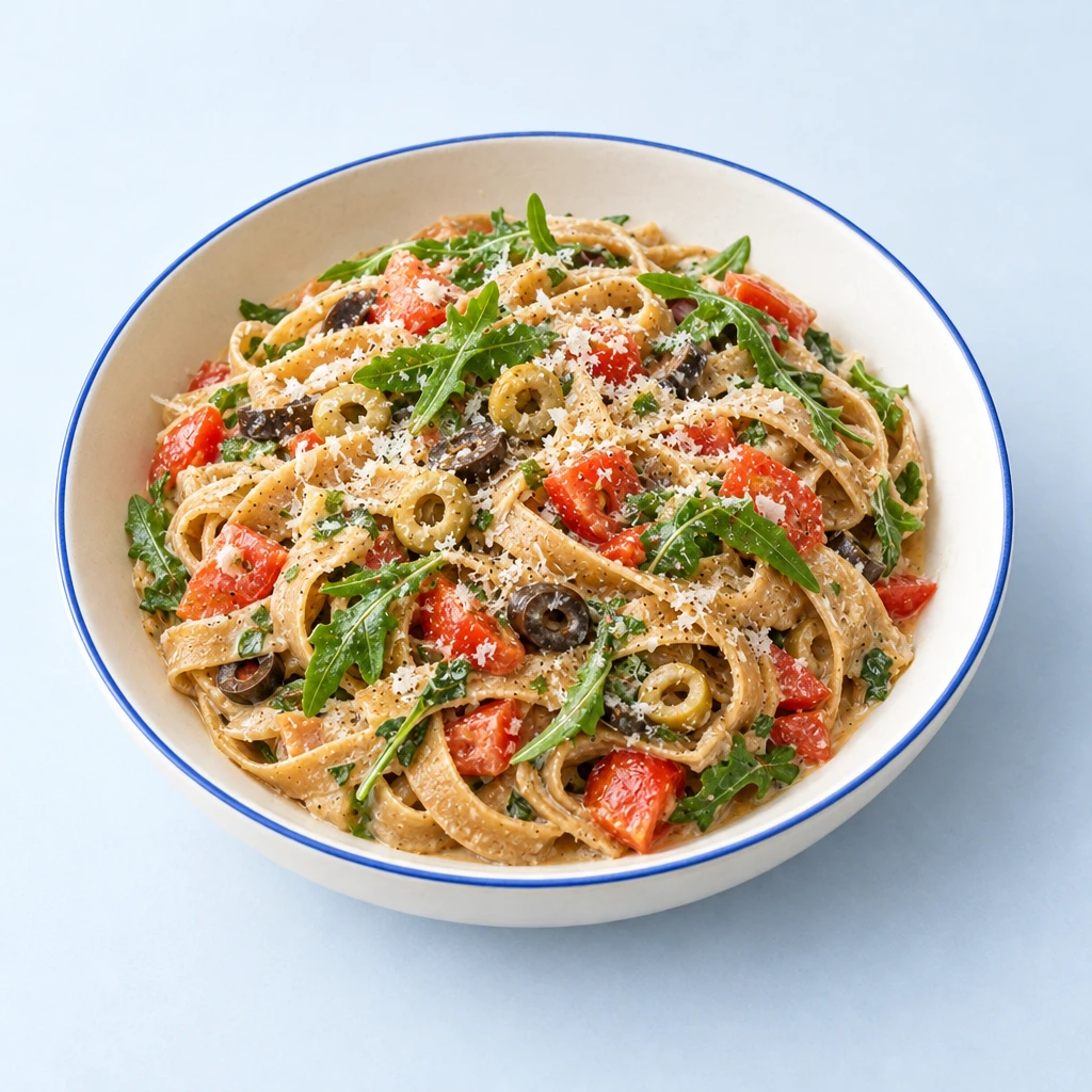 Vollkorn-Bandnudeln in cremiger Mascarponesauce mit Tomatenwürfeln, Olivenringen, Rucola und geriebenem Parmesan.