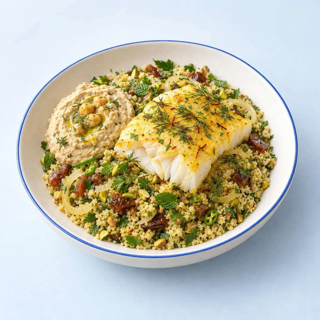 Schonend gegartes Kabeljaufilet mit Pistazien-Dattel-Couscous, Dill-Hummus und frischem Dill auf einem Teller.