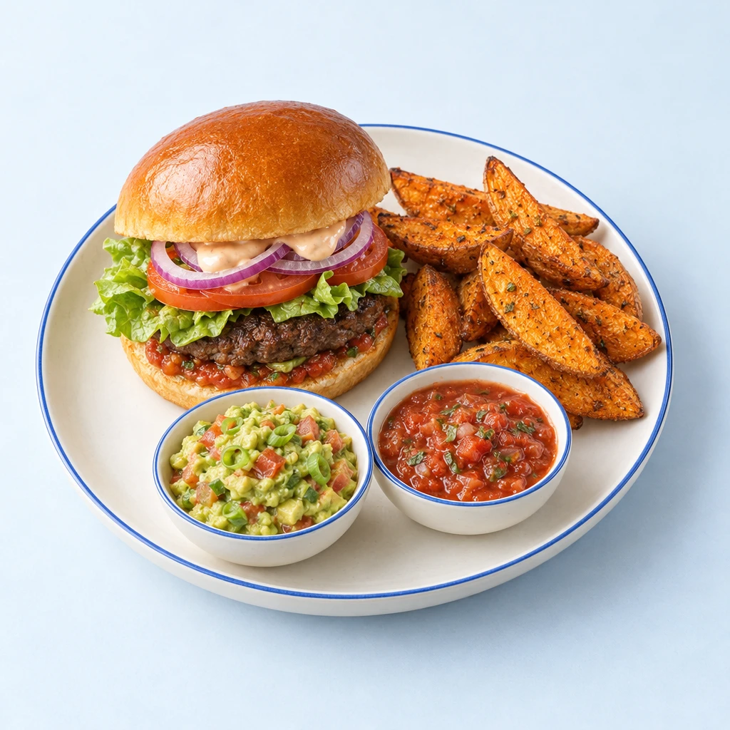 Halved brioche burger with a minced-meat patty, lettuce, tomatoes, onions and sauces, alongside sweet potato wedges and chunky avocado and tomato dip.