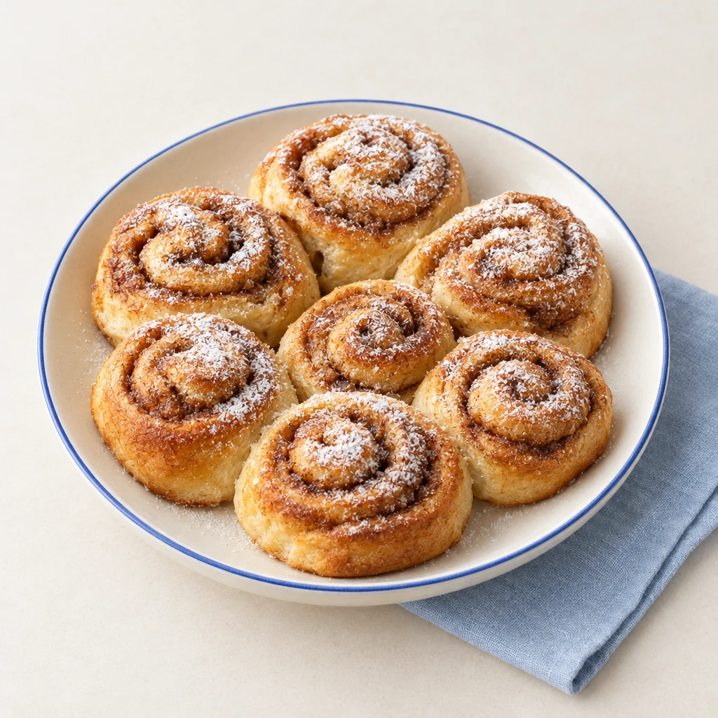 Golden-brown cinnamon buns with visible cinnamon swirls and a dusting of icing sugar on a plate.
