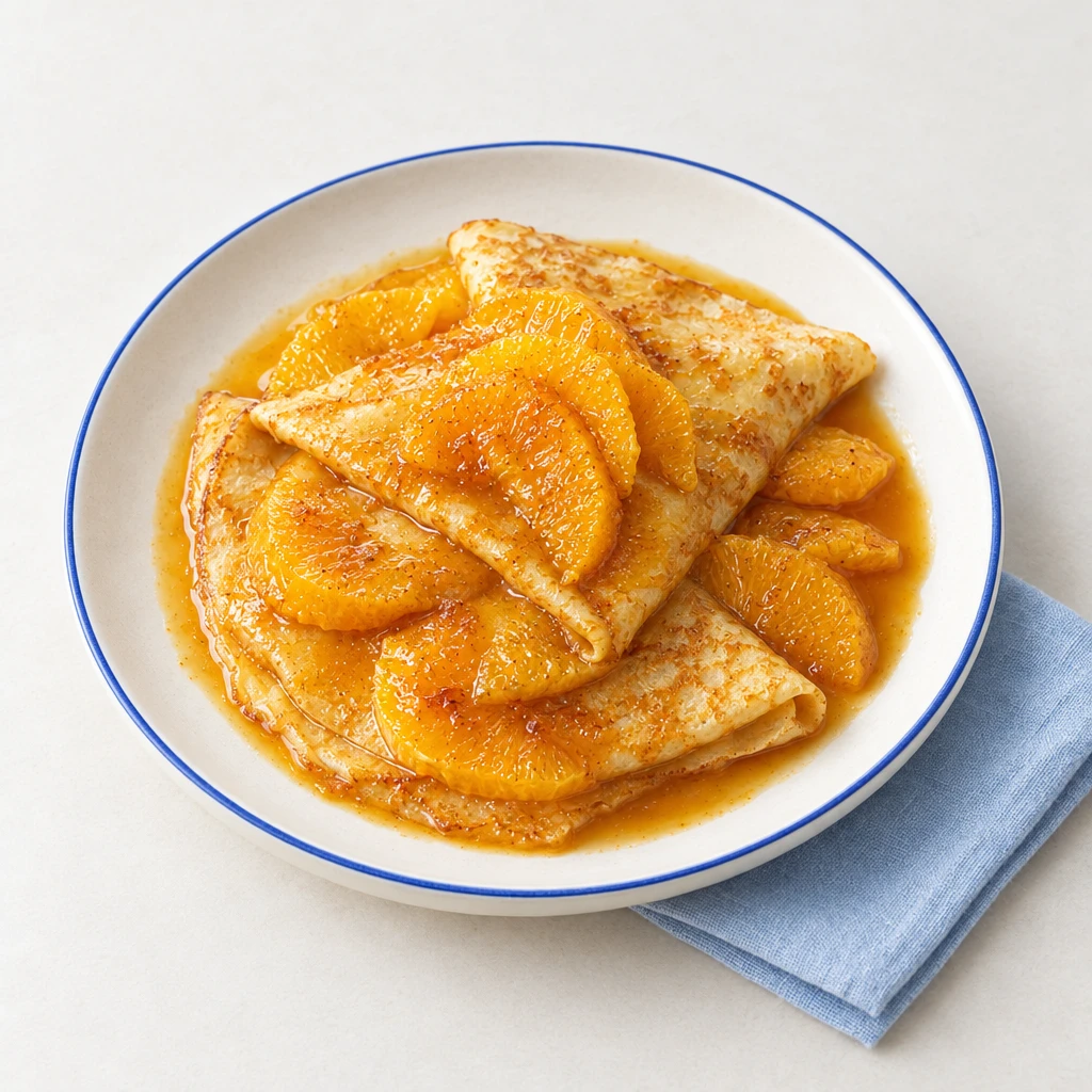 Golden crêpes with glossy orange sauce and caramelised orange slices on a plate.