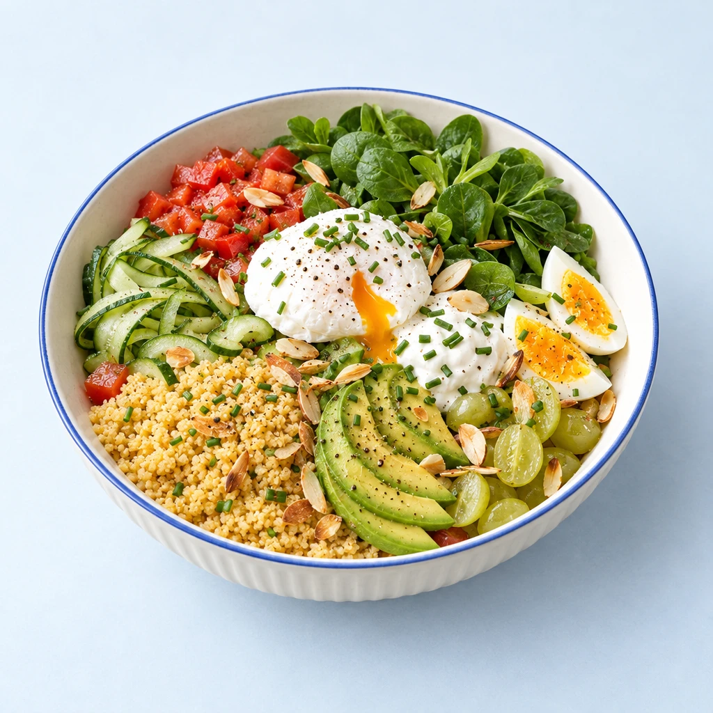 Salad bowl with couscous, lamb’s lettuce, tomatoes, cucumber ribbons, avocado, grapes, poached eggs, yoghurt, almonds and chives.