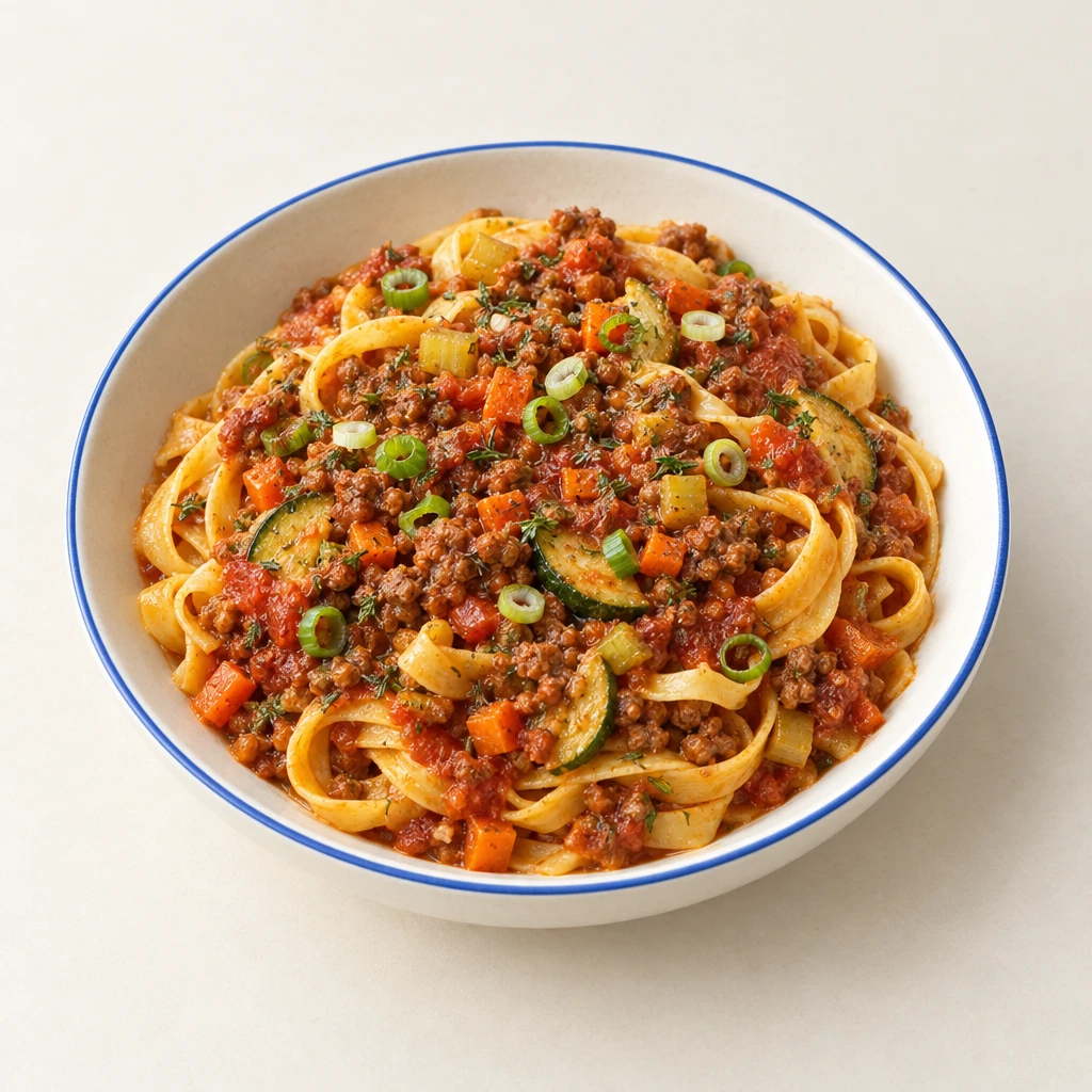 Tagliatelle mit einer Hackfleisch-Tomaten-Sauce und Gemüse in einer flachen Schale.