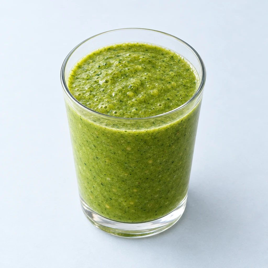 Smoothly blended green pineapple, apple and baby spinach smoothie in a glass.