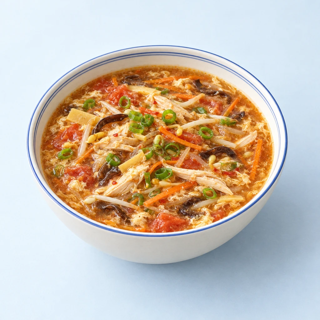 Rötliche Pekingsuppe mit Hähnchen, Gemüse, Mu-Err-Pilzen und Eierfäden, garniert mit Frühlingszwiebelringen.