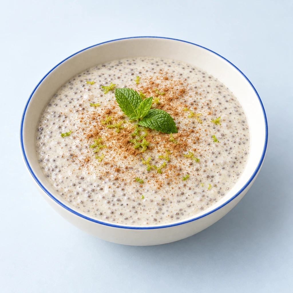 Creamy chia and vanilla drink with fine dark flecks and fresh mint in a glass.