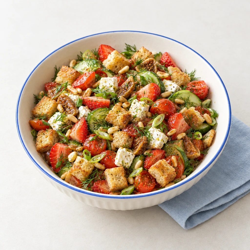 Tomato salad with strawberries, feta, cucumber, toasted bread cubes, figs, pine nuts and dill.