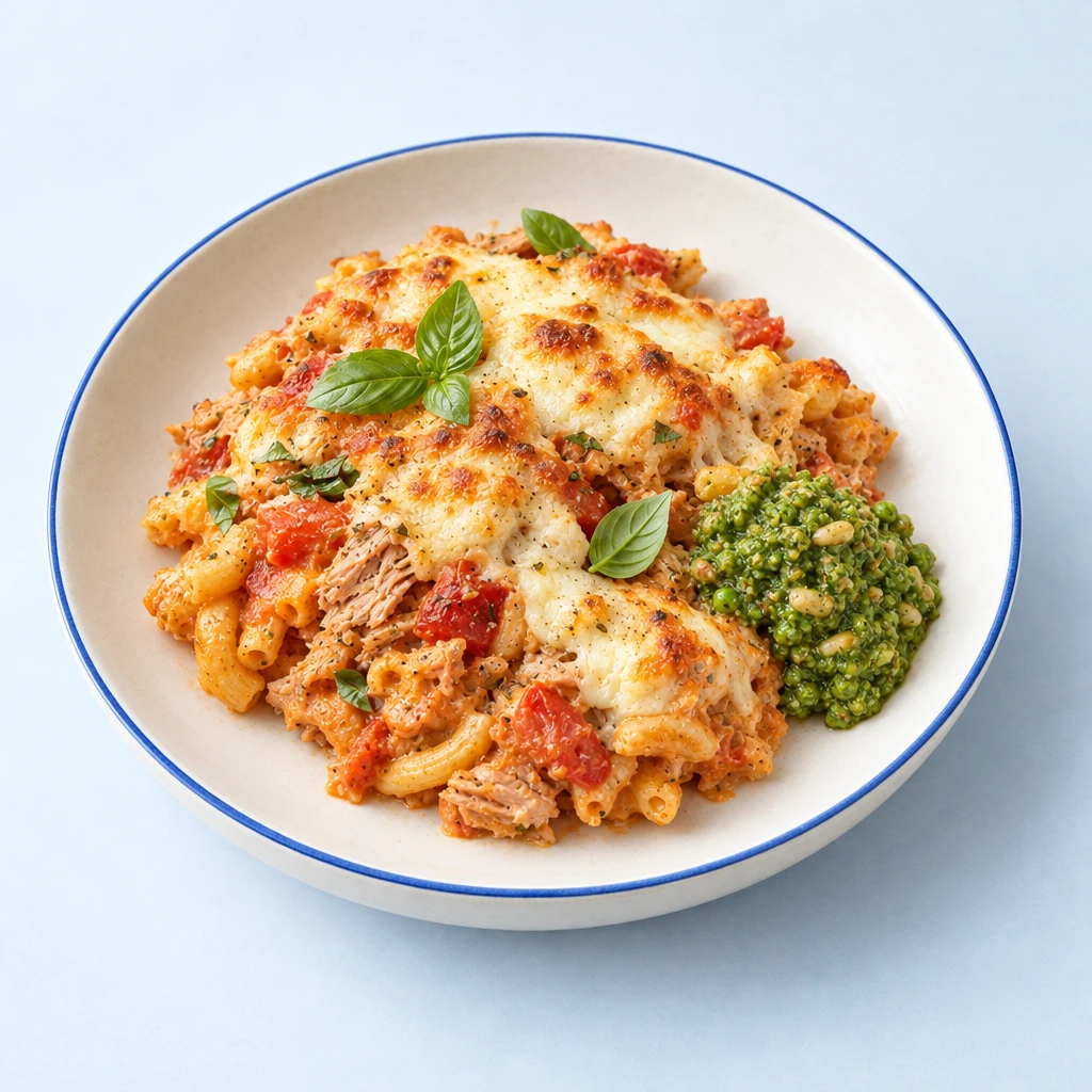 Tuna and macaroni bake with golden mozzarella, green pea pesto and basil on a plate.
