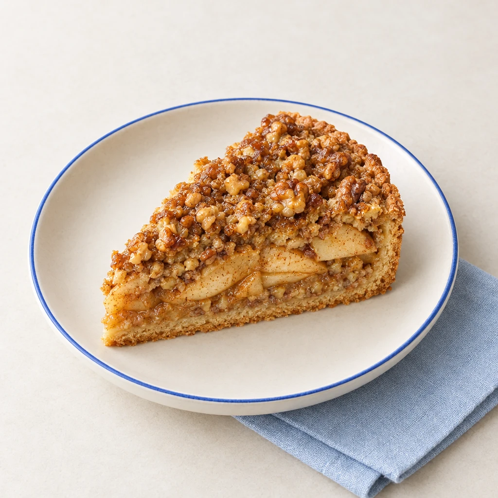 Sliced apple and walnut cake with shortcrust pastry, apple wedges and a caramelised walnut topping.