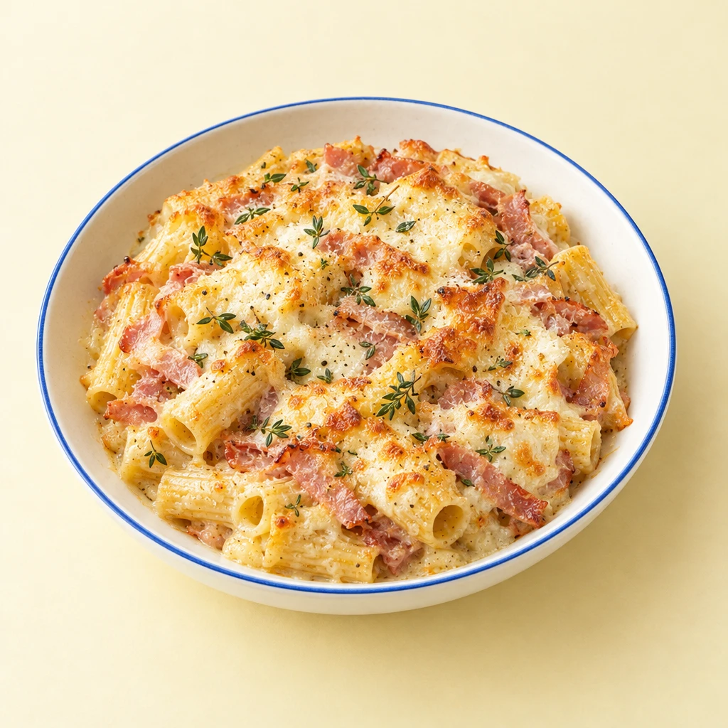 Ham and rigatoni gratin with golden melted mozzarella and lemon thyme.
