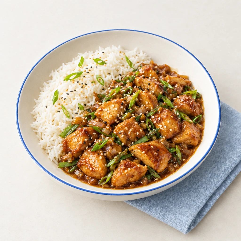 Teriyaki-Hähnchen in glänzender Sauce mit Basmatireis, karamellisierten Frühlingszwiebeln und Sesam.