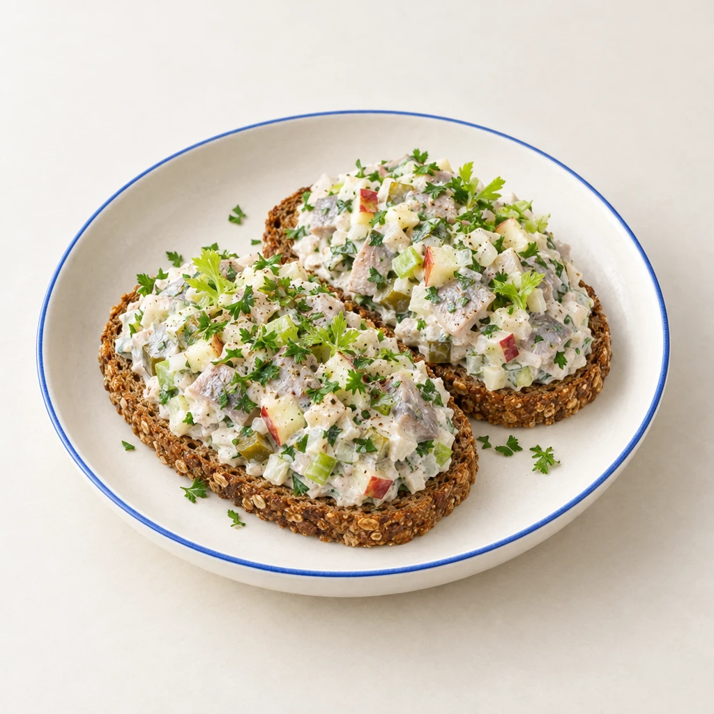 Slices of wholegrain bread topped with chunky matjes herring spread and chopped parsley on a plate.