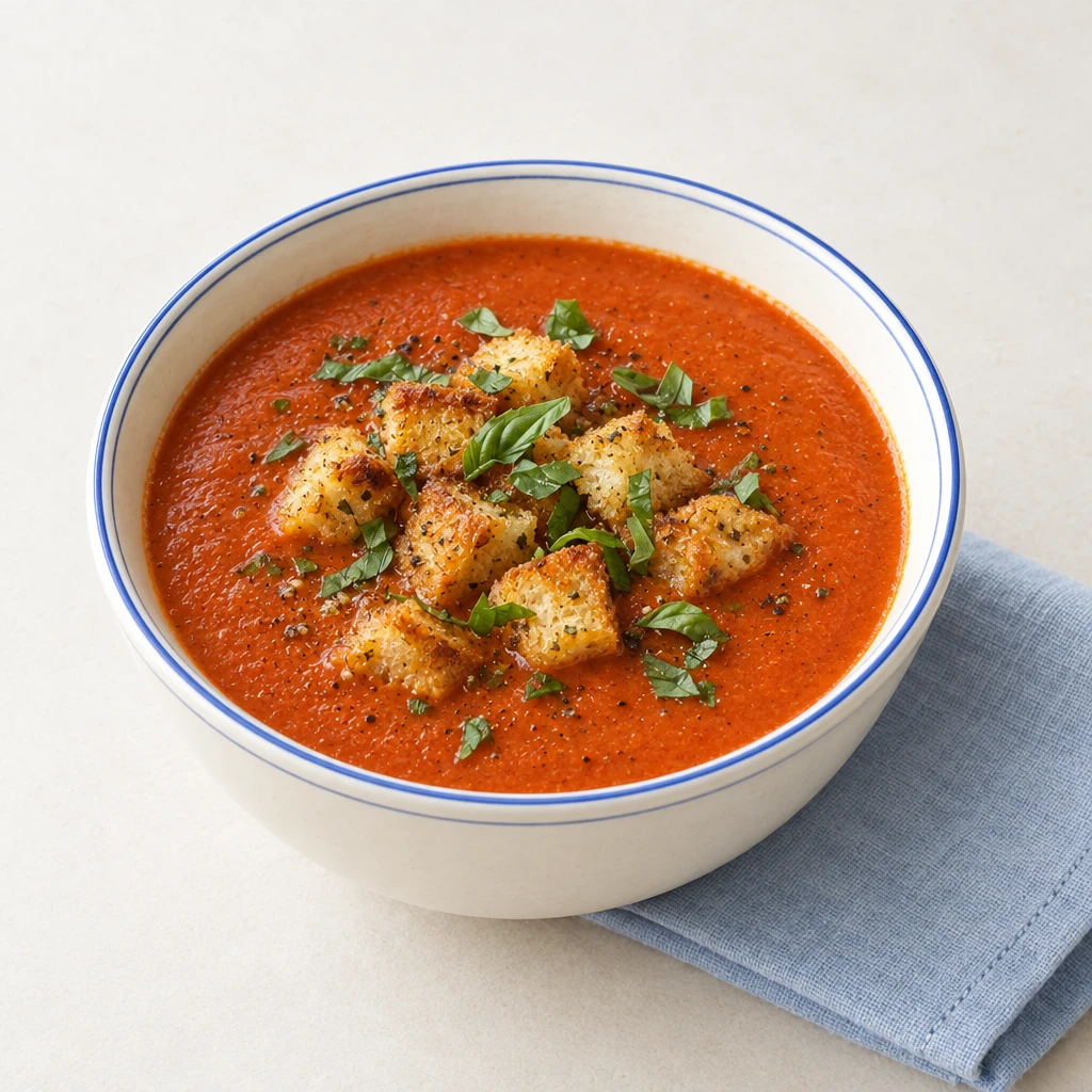 A bowl of tomato soup topped with golden-brown croutons and fresh basil.