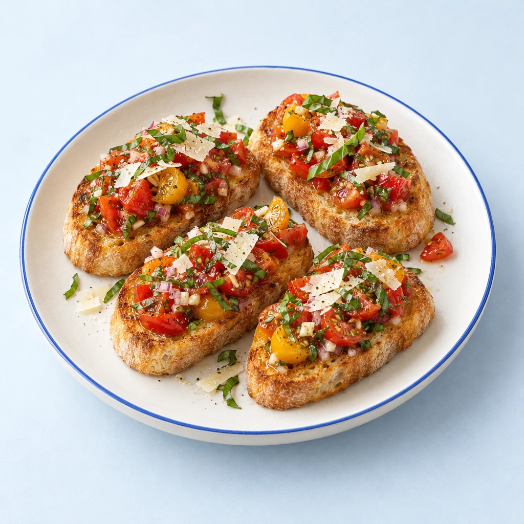 Golden toasted ciabatta slices topped with mixed tomatoes, basil and Parmesan on a plate.