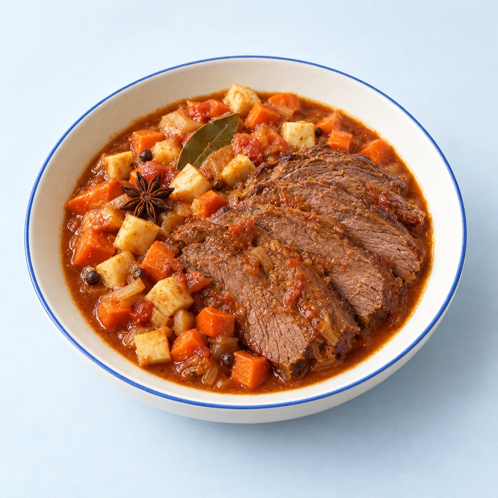 Dünn aufgeschnittener Tafelspitzbraten mit dunkler Rotweinsoße auf einem Teller.