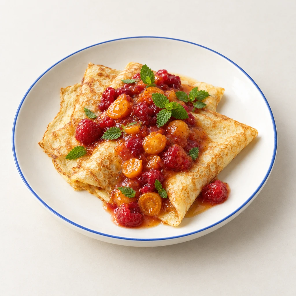 Thin, golden-brown crêpes with raspberry and cape gooseberry compote and lemon balm on a plate.