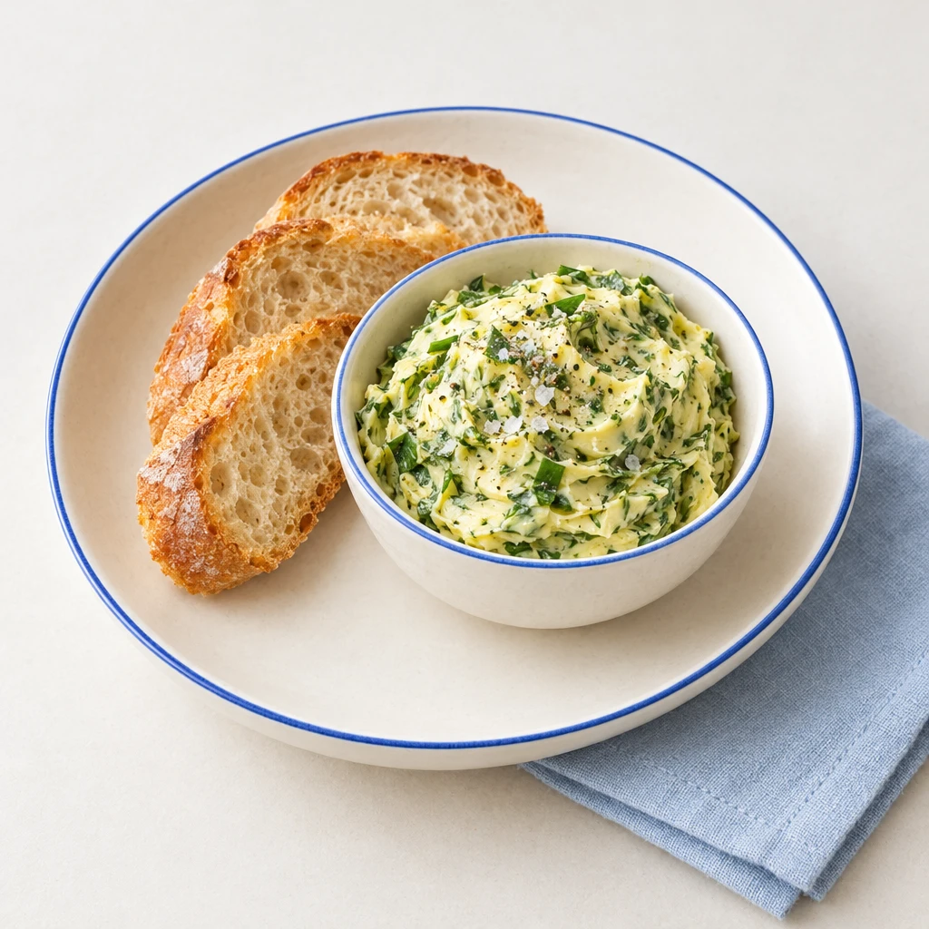 Wild garlic butter flecked with finely chopped green leaves in a shallow bowl.