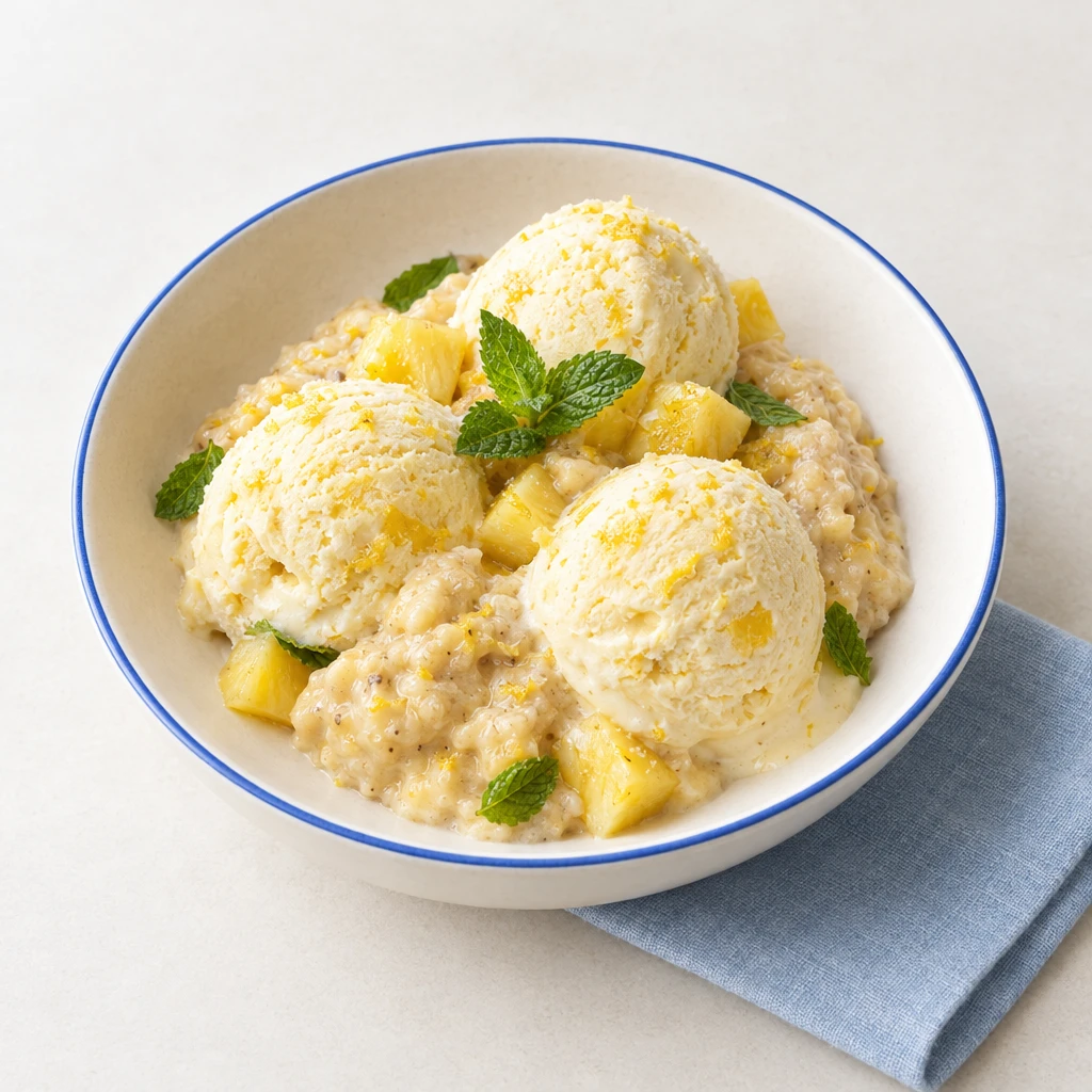 Pale yellow scoops of pineapple ice cream with banana and ginger cream and fresh mint in a bowl.