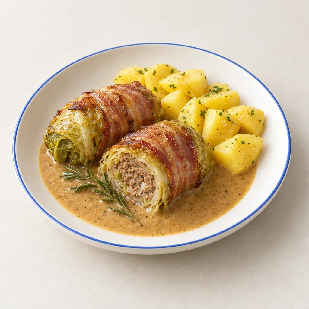 Mit Speck umwickelte Kohlrouladen mit Hackfleischfüllung, Salzkartoffeln und cremiger Sauce.