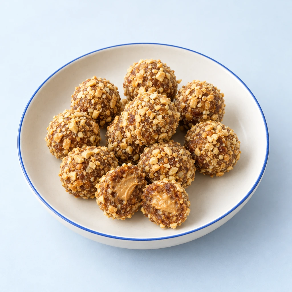 Date and almond balls coated in chopped peanuts, with one cut open to reveal a creamy peanut butter centre.