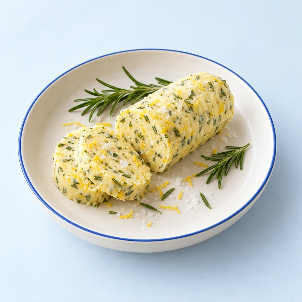 A log of rosemary butter with cut slices, fine rosemary pieces and lemon zest on a plate.