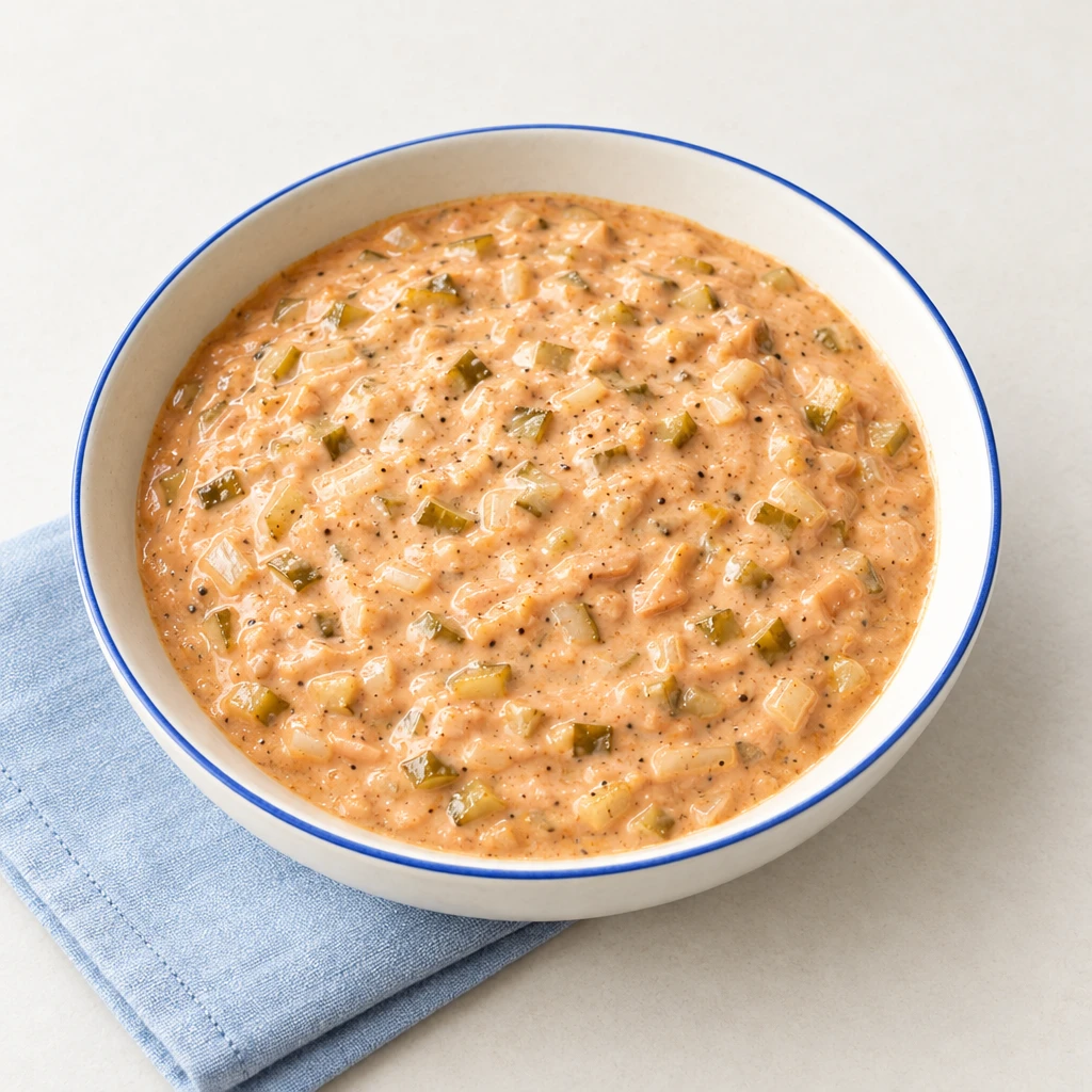 Creamy pink-orange burger sauce with finely diced pickled gherkins and onion in a shallow bowl.