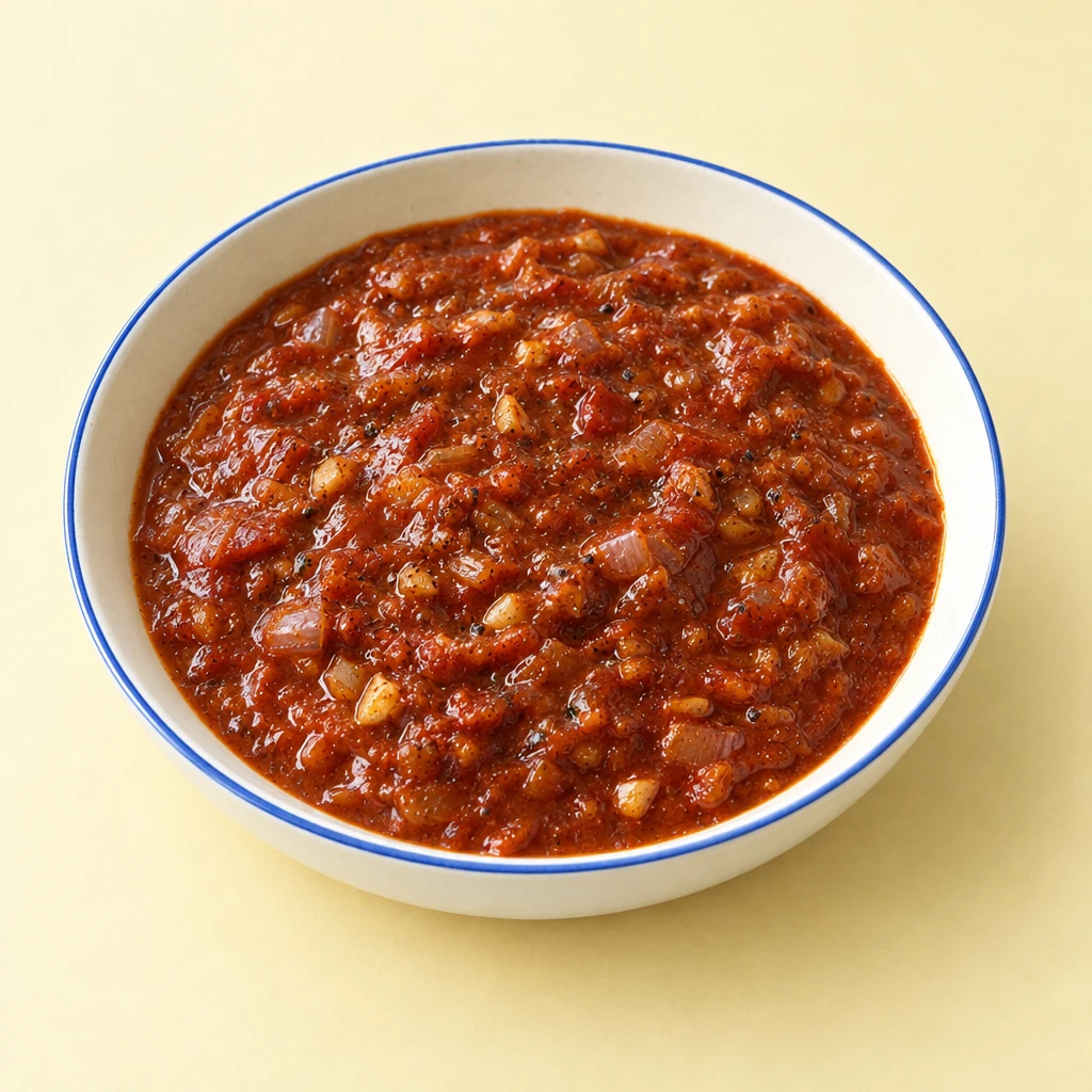 Dark reddish-brown BBQ burger sauce with finely diced shallots and garlic in a shallow bowl.