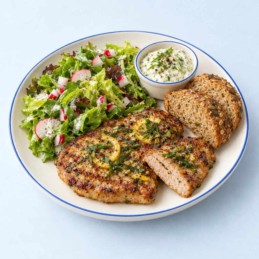 Gegrilltes Bärlauch-Schweinesteak mit Blattsalat, Radieschen und gerösteten Kürbiskernbrötchenscheiben.