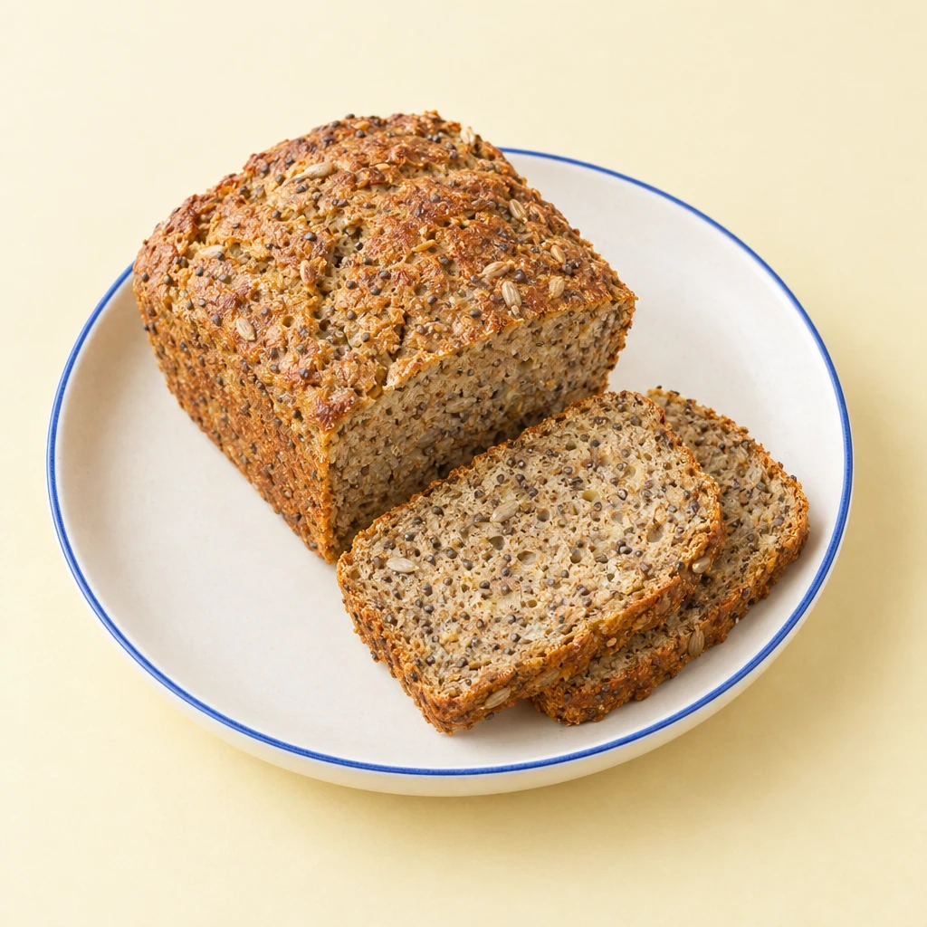Sliced chia bread with sunflower seeds and a golden-brown crust on a plate.